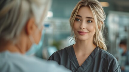 A young blonde woman nurse cares for senior elderly patients - obrazy, fototapety, plakaty