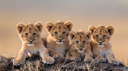 Four cute lion cubs sit together on a bank in the African wilderness - obrazy, fototapety, plakaty