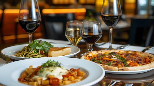 Italian dinner with wine in a restaurant