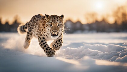 snow leopard running on ice to the camera, warm light
