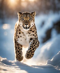 snow leopard running on ice to the camera, warm light
