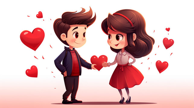 couple in love, illustration for Valentine's Day, love concept, hearts, romance, cartoon characters, greeting card
