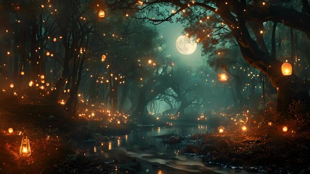A mystical forest filled with floating lanterns, where participants find their center under the full moons mystical energy.