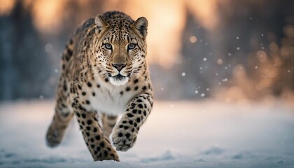 Fototapeta premium snow leapard running on ice to the camera, warm light 