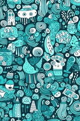 teal random hand drawn patterns, tileable, calming colors vector illustration pattern