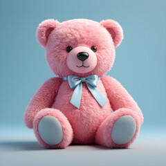 Charming Pink Teddy Bear With Blue Bow Tie Against Blue Background