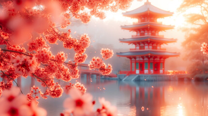 Concept beauty of spring. Landscape of traditional Japanese pagoda encircled by the delicate pink blossoms of sakura tree, symbolizing the joyful celebration of the cherry blossom festival