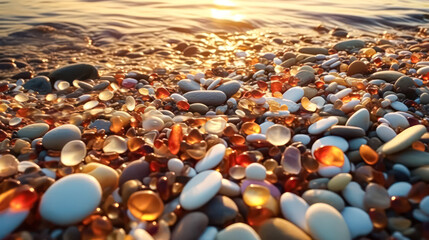 Obraz premium Experience the simplicity of a pebble beach against the backdrop of a clear blue sky.