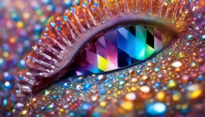 Ein Auge aus einem bunten Prisma, Die Wimpern und die gesamte Haut ist mit farbigen Perlen bedeckt. - obrazy, fototapety, plakaty