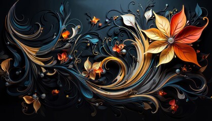 Abstract background with flowers. 3d illustration. Black and gold.