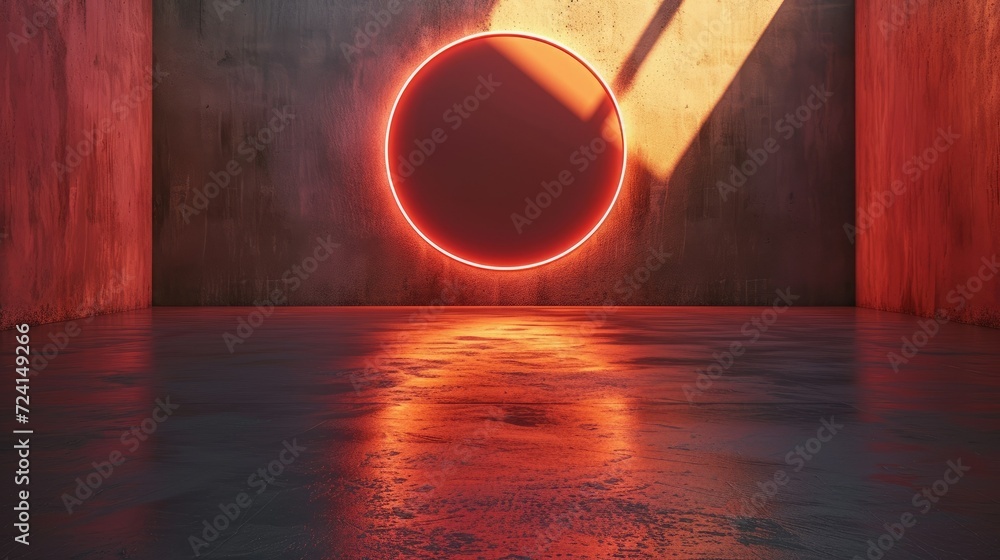 Poster An abstract concept of a minimalist room with textured walls, featuring a glowing red circle that casts a dynamic shadow, creating a moody atmosphere.
