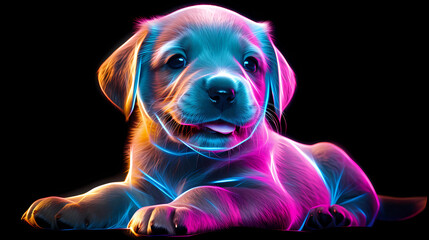 Puppy Dog Animal Plexus Neon Black Background Digital Desktop Wallpaper HD 4k Network Light Glowing Laser Motion Bright Abstract	 - obrazy, fototapety, plakaty