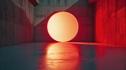 Fotobehang A striking red glowing orb centered in a spacious concrete room, casting a warm light and strong shadows. © Tida