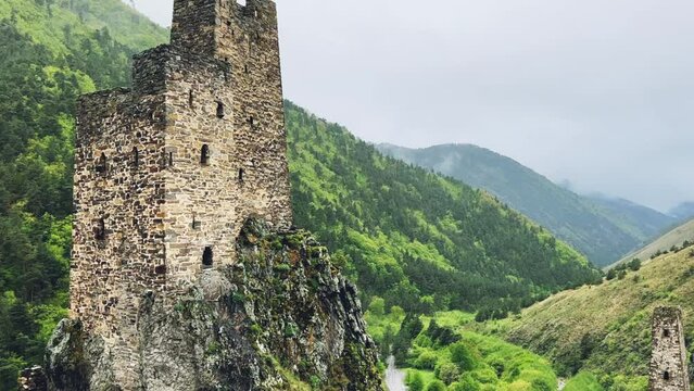 The tower complex of Vovnushki. The Republic of Ingushetia, Russia. View of the Ingush defensive towers inside the North Caucasus. 4K