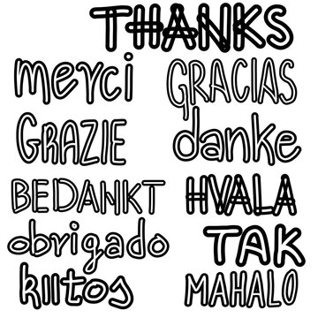 Word thanks hand written in many different languages, calligraphy, thank you, hand written font