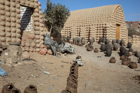 pottery, buildings, rubish in a village