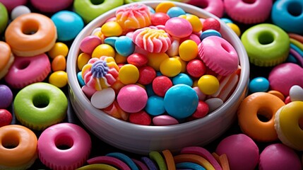 Colorful candies in a bowl on a dark background close up