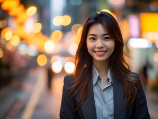 Obraz premium Attractive young asian business woman smiles in the street out while out at lunch