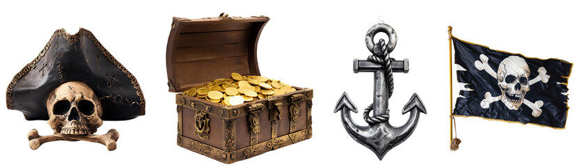 Assembled Pirate Essentials: Hat-adorned Skull, Anchor, Pirate Flag, and Treasure Chest, Isolated on Transparent Background, PNG