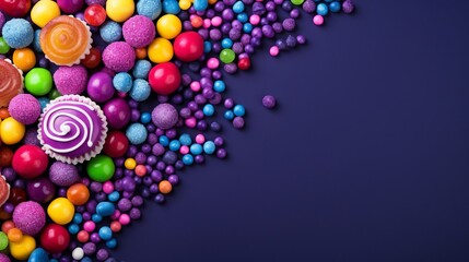 Colorful candies on dark background. Top view with copy space