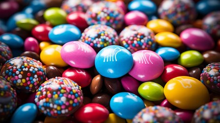 Fototapeta na wymiar Colorful candies background. Chocolate candies with sprinkles.
