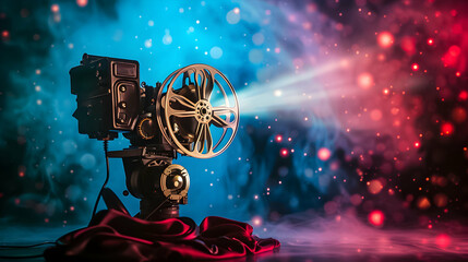 Retro cinema projector with dynamic light effects and bokeh. - obrazy, fototapety, plakaty