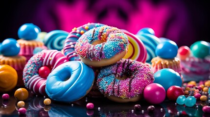 Assorted donuts with sprinkles on a black reflective background.