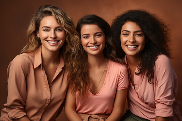 three diverse young women with different skin and hair colors, African American, Latina, European in beige natural tones