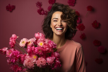 beautiful young brunette woman with her eyes closed in pleasure laughs and holds a bouquet of flowers in her hands on a pink background
