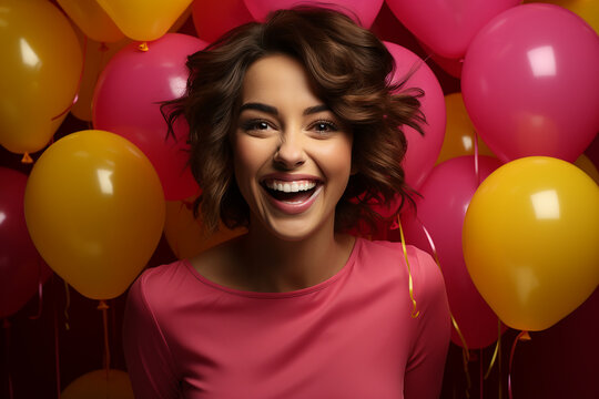 joyful young brunette woman with short hair screams with delight and happiness, laughs loudly against the background of pink and yellow balloons