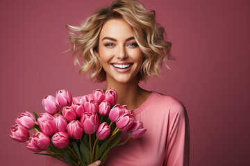 beautiful blonde woman with curly hairstyle holds pink peonies in her hands on a pink background in the studio