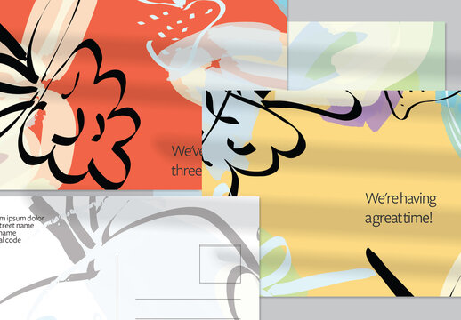Postcard Layout with Hand Drawn Abstract Brush Strokes and Floral Elements