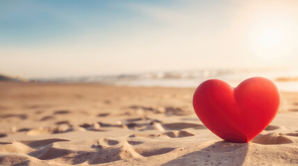 Fototapeta premium A vibrant red heart standing on a sunlit beach, with soft ocean waves in the background, creating a sense of warmth and romance..