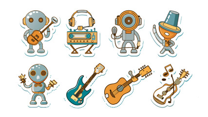 Set Of Stickers, Audio Technique Characters In Cartoon Retro Style. Dynamics, Tape And Recorder, Microphone, Player