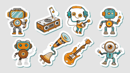 Set Of Stickers, Audio Technique Characters In Cartoon Retro Style. Dynamics, Tape And Recorder, Microphone, Player