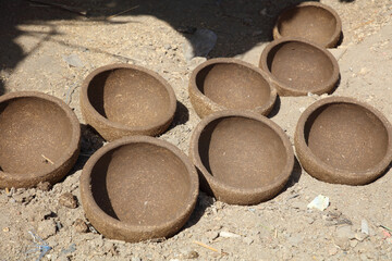 pottery, close-up, suny in a village