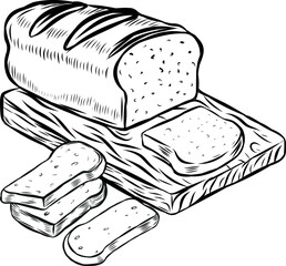 Bread on cutting board vector line drawing. - 724152060