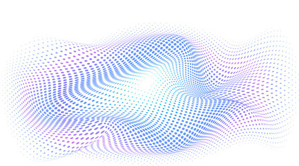 Warp of space. Abstract gradient halftone background. Twisted plane of dots. Modern sample for presentations, web design on technological, information theme.