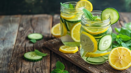 Infused water with cucumber and lemon in a glass jar. Detox, diet, healthy eating or weight loss.
