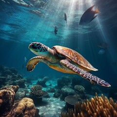 Fototapeta premium A large sea turtle swims in the ocean underwater.