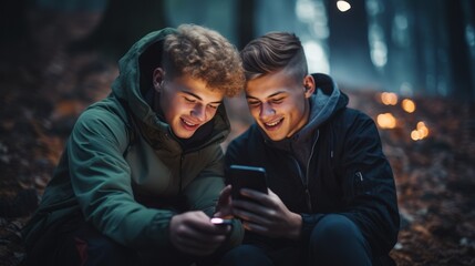 Close-up of two smiling young teenage boys looking at a smartphone together, exchanging phone numbers in the evening in the park. - obrazy, fototapety, plakaty
