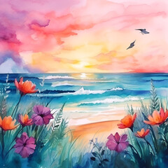 Fototapeta na wymiar sunset over the sea watercolor