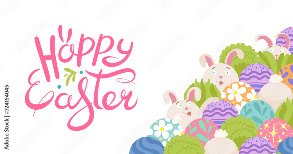 Wall mural Happy Easter banner with pattern rabbit and colorful Easter eggs. Hand drawn doodle and lettering.