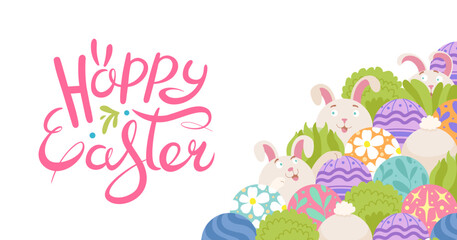 Obraz na płótnie Canvas Happy Easter banner with pattern rabbit and colorful Easter eggs. Hand drawn doodle and lettering.