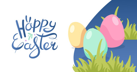 Happy Easter horizontal banner. Colored Easter eggs on grass and hand drawn lettering.