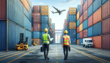 Logistics Coordination: Workers at the Container Terminal with Airplane Overhead
