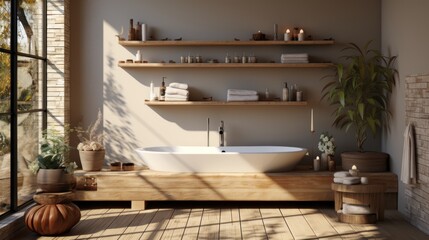 Bathroom interior with bathtub and decorative plants on wooden floor