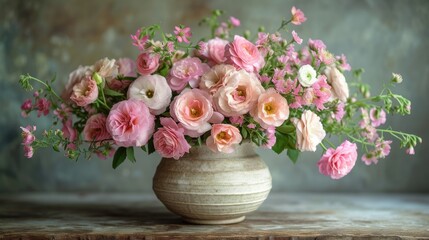 Cottage-Style Flower Arrangement in Beige Vase Generative AI