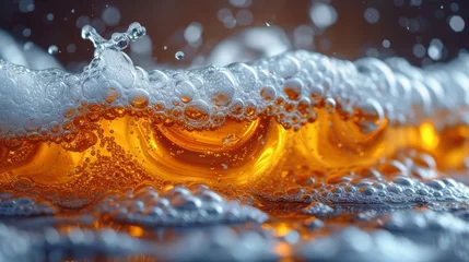 Fotobehang Close-up of a beer with wavy foam Generative AI © Alex