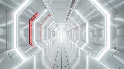 Futuristic White Sci-Fi Corridor Panoramic View - Abstract Technology and Modern Design Aesthetic with Red Accents for Game Level Concept